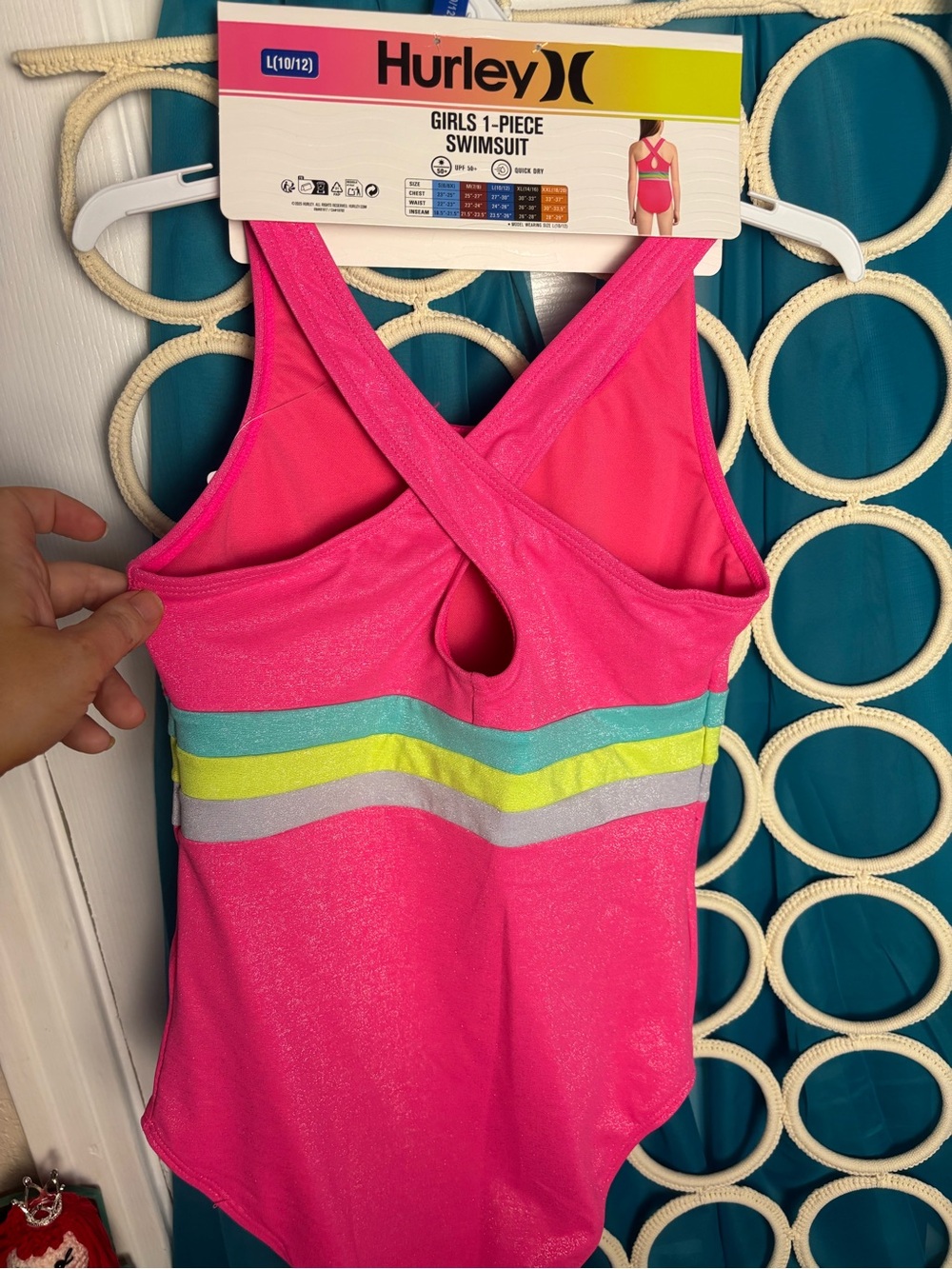 Hurley Pink Girls' One-Piece Swimsuit with Teal, Yellow & Gray Stripes Large NWT - Picture 12 of 13